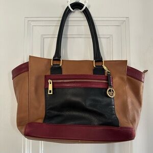 Audrey Brooke Tri-Color Color Block Leather Handbag Tote